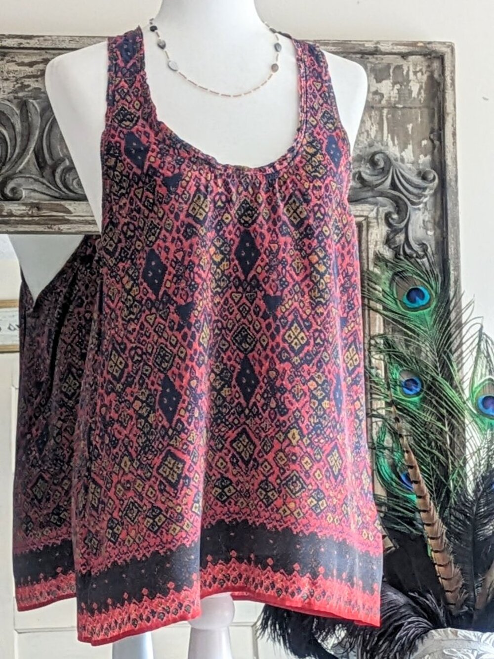 Joie 100% Silk Medium Racerback Flowy Tank Navy Red Green Ikat Print Vacation